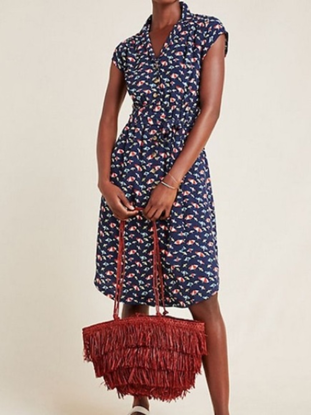Anthropologie Navy Floral Midi Dress with Cap Sleeves